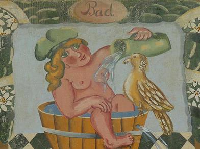 Dipinto murale tradizionale con un bambino in una tinozza di legno che si lava e versa acqua a un uccello; decorato con motivi floreali e la scritta 